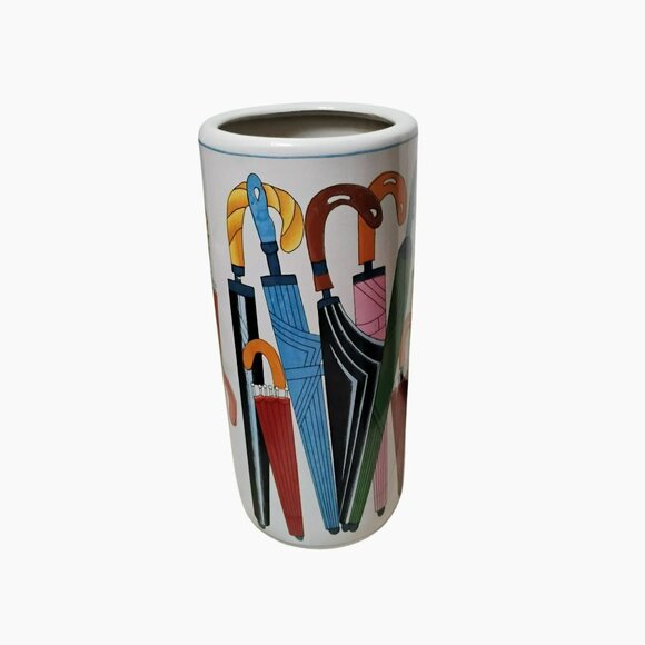 Vintage Whimsical Umbrellas Design Umbrella Stand, 18" MCM Ceramic Cane Holder - Picture 4 of 6